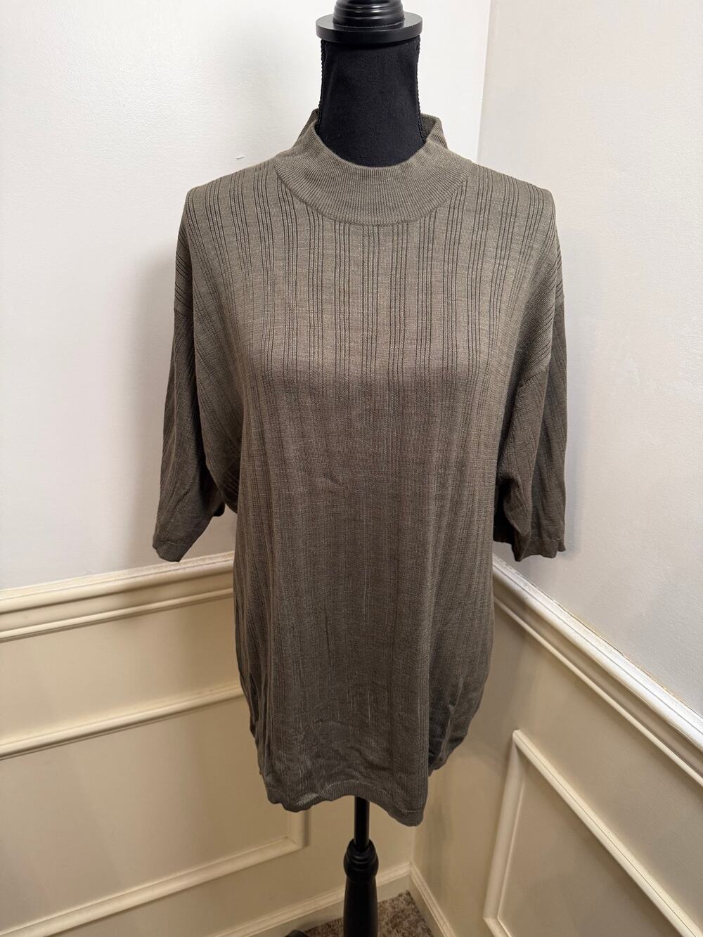 Vintage 90s Perry Ellis Tussah Silk Cotton Blend Ribbed Mock Neck Sweater Shirt